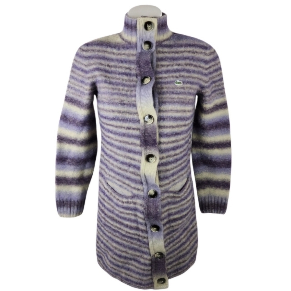 Lacoste Wool Button Front Long Cardigan Mock Neck Striped Purple Cream Size 44